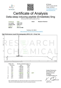 DSIP 5mg (Delta Sleep Inducing Peptide) 3 Research Chemical Certificate of Analysis showing 91% purity from MZ Biolabs