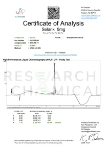 Selank 5mg 3 Research Chemical Certificate of Analysis showing 96% purity from MZ Biolabs
