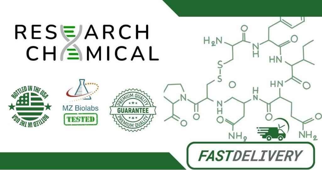 An advertisement for a research chemical company, featuring a DNA helix in the word 'Research' and various logos indicating 'Bottled in the USA', 'Tested', and 'Premium Quality Guaranteed'. A chemical structure diagram is in the background with the words 'Fast Delivery' at the bottom.