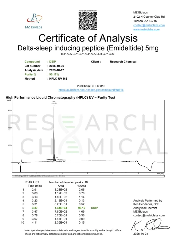 DSIP 5mg (Delta Sleep Inducing Peptide) 3 Research Chemical Certificate of Analysis showing 91% purity from MZ Biolabs